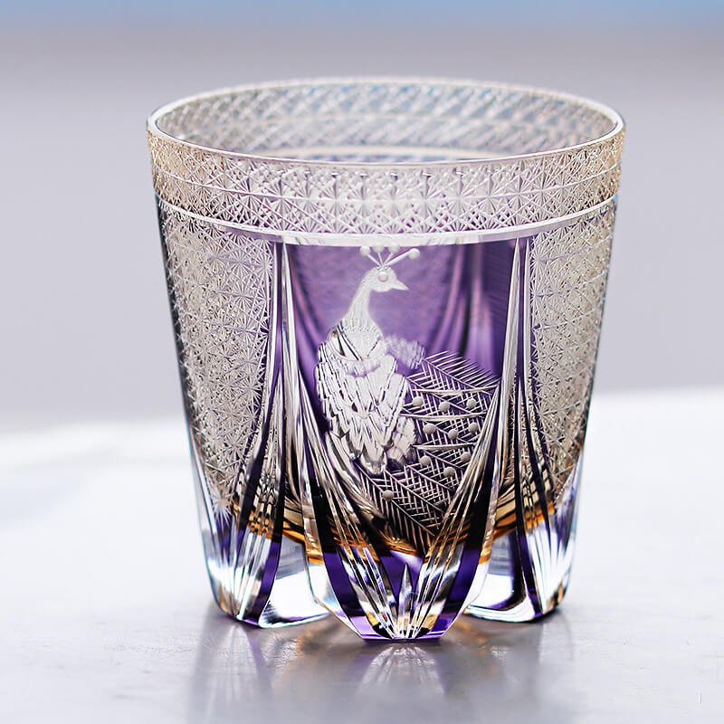 Edo Kiriko Handcrafted Peacock Motif Whisky Glass - Image 2