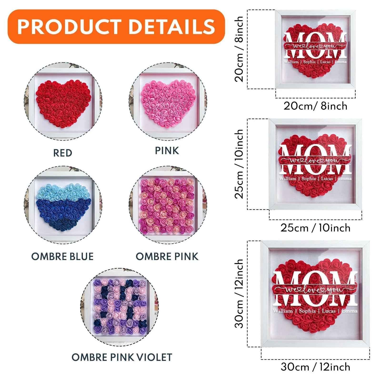 Personalized Flower Shadow Box Gift for Mum Custom Names Rose Frame Mothers Day Present - Image 6
