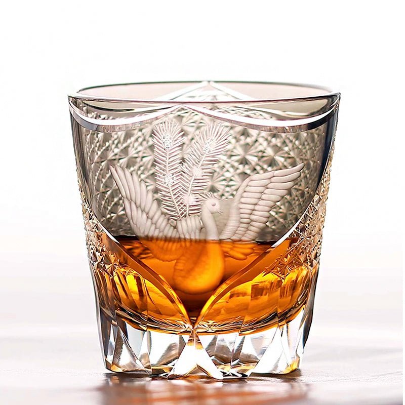 Edo Kiriko Handcrafted Peacock Pattern Whisky Glass Gray Phoenix - Image 5